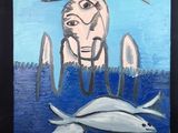 un tableau représentant un homme et un poisson dans l'eau