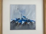 painting of a castle in the middle of a mountain with a sky background