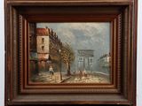 an oil painting of a street scene with people walking down the street