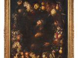 une image représentant un tableau où l'on voit un homme entouré de fruits et de légumes