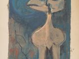 an image of a painting of a giraffe standing in front of a blue background