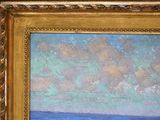 a painting of a man and a dog on the beach