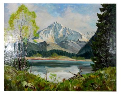 tableau représentant un paysage de montagne avec un lac au premier plan et des arbres au premier plan