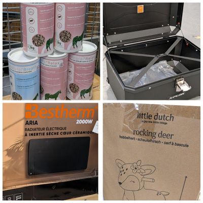 plusieurs photos d'objets divers, notamment un téléviseur, un carton et une boîte de nourriture