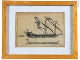 un vieux dessin représentant un bateau, encadré dans un cadre en bois, sur fond blanc