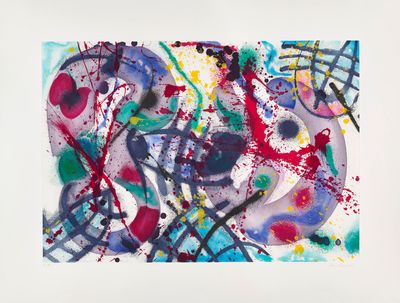 an abstract painting of various colors and shapes on a white background