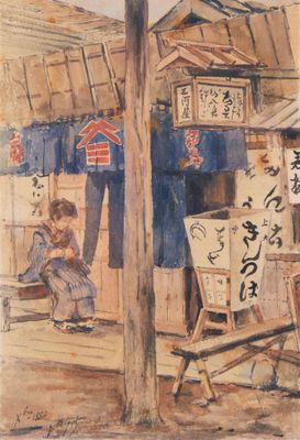 une aquarelle représentant une femme assise sur un banc devant un magasin