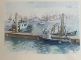 a painting of boats docked at a dock in the water