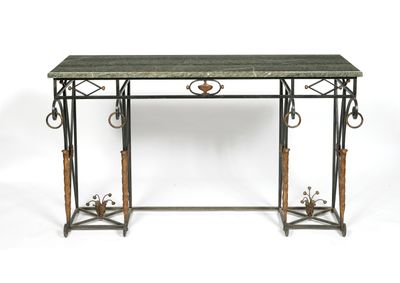 wrought iron console table with green marble top