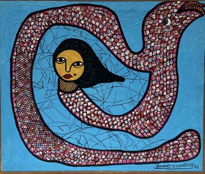 un tableau représentant une femme et un serpent sur fond bleu