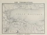an old map of the city of los thermopies, with a lake in the middle of it