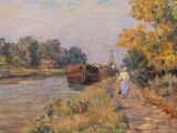 un tableau représentant une femme marchant sur un sentier au bord d'un plan d'eau