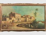 tableau représentant un village avec un pont enjambant une rivière