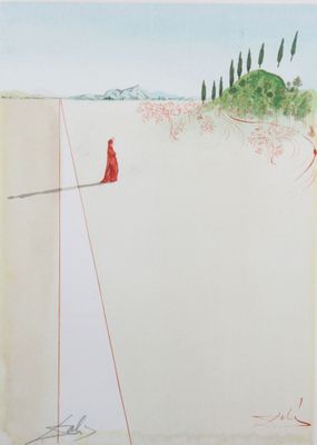 tableau représentant une femme marchant sur une corde raide, vêtue d'une robe rouge