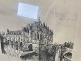 drawing of a castle with a bridge over a river in a frame