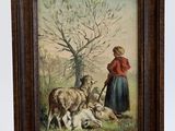 an old painting of a woman with sheep and a dog in a field