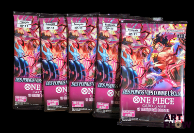 cinq paquets de cartes de jeu de cartes « One Piece » sont représentés sur un fond noir