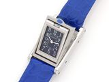 an image of a wrist watch with a blue leather strap