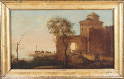 une image représentant un tableau d'un château au bord d'un plan d'eau