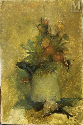 une peinture de fleurs dans un vase sur une table