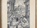 an image of a drawing of a man and a woman sitting in front of a building