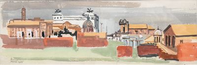 un tableau représentant une ville avec une tour horloge en arrière-plan