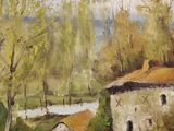 an image of a painting of a farm scene with a horse