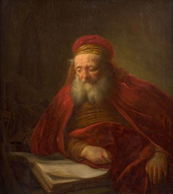 un tableau représentant un vieil homme à la longue barbe, vêtu d'une robe rouge, en train de lire un livre