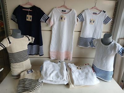 a display of baby clothes on a shelf in a store