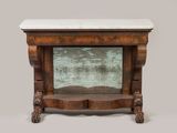 an old wooden table with a marble top and a shelf