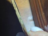 a person holding a piece of wood with white paint on it