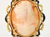 une image représentant le profil d'une femme sur une broche aux couleurs or et bleu