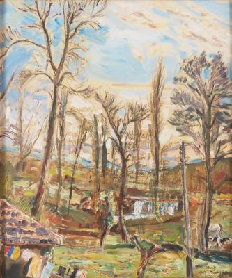 une peinture à l'huile représentant un homme à cheval dans une forêt