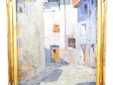 an oil painting of a street scene in a gold frame
