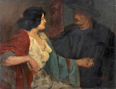 an image of a painting of a man and a woman sitting in a chair