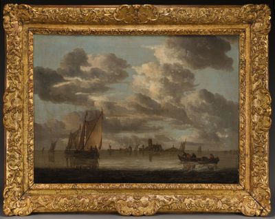 un tableau représentant des bateaux sur un plan d'eau, avec un château en arrière-plan
