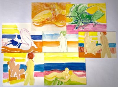 quatre tableaux de personnes, de couleurs différentes, peints sur un fond blanc