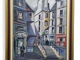 painting of a street scene with a man walking down the stairs
