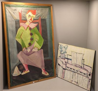 un tableau représentant une femme assise sur une chaise à côté d'un tableau représentant un homme