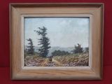 une peinture à l'huile représentant un chien dans un champ, avec des arbres en arrière-plan