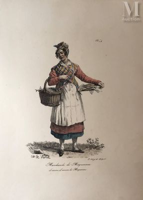 un vieux dessin représentant une femme tenant un panier de fleurs