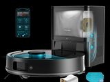 une image représentant un aspirateur robot d'où émane une lumière bleue