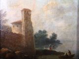 painting of a castle on a river with a boat in the foreground