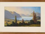 an oil painting of a lake surrounded by mountains and trees