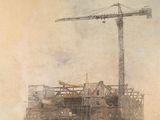 a painting of a building under construction with a crane in the background