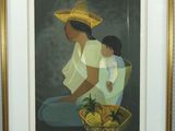 tableau représentant une femme et un enfant assis sur une chaise, avec un panier de fruits devant eux