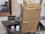 boxes stacked on top of each other in a room with a painting on the wall