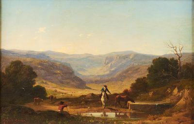 painting of a man riding a horse in a mountainous landscape