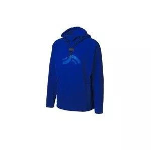 Le sweat à capuche bleu porte un logo.