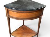 an image of a small wooden table with a marble top